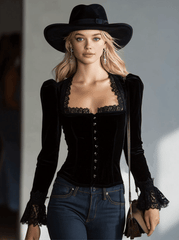 Stylish And Elegant Vintage Lace And Black Velvet Shirt