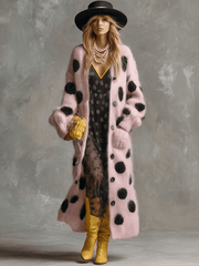 Vintage Fashion Lazy Front Button Black Polka Dot Pink Imitation Rabbit Fur Knitted Long-sleeved Cardigan