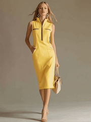 Stylish And Casual Yellow Stand-up Collar Sleeveless Midi Dress