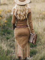 Retro Western Lapel Zipper Long Sleeve Tassel Midi Dress