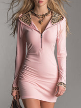 Sporty High-stretch Pink With A Half-zip And Partial Leopard Print Mini Dress