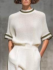 Vintage-Trimmed White Knitted Mesh Short-Sleeved Shirt And Wide-Leg Pants Set