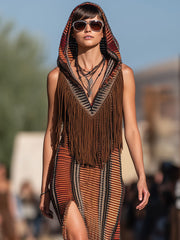 【24-hour shipping out】Western Retro Colorful Striped Knitted Tassel Hooded Slit Maxi Dress