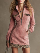 Western Retro Long-Sleeved Leopard Print Pink Faux Suede Mini Dress