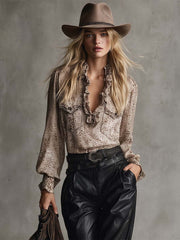 Vintage Western Ruffled V-neck Beige Leopard Print Suede Blouse Tops