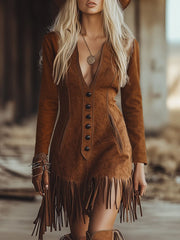 Western Style Tassel Brown Faux Suede Long Seleve Mini Dress