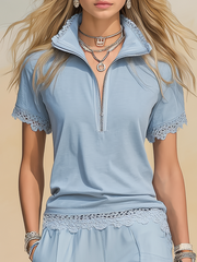 Retro-style Sporty Lace Trim Short Sleeve T-shirt And Flared Pants Set