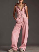 Western Retro Pink Faux Suede Sleeveless Leopard Print Hooded Wide-Leg Jumpsuit