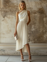 【24-hour shipping out】Elegant High-end Evening Gown White Pleated Sleeveless Midi Dress
