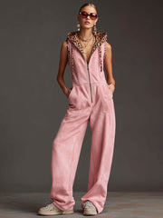 Western Retro Pink Faux Suede Sleeveless Leopard Print Hooded Wide-Leg Jumpsuit