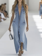 Western Retro Light Blue Denim Sleeveless Raw Edge Wide Leg Zipper Jumpsuit