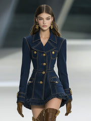 【24-hour shipping out】Classic and Playful Large Lapel Ruffled Hem Waist Denim Mini Dress