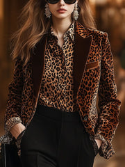 【24-hour shipping out】Casual Loose Retro Velvet Leopard Print Collar Blazer