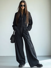 【24-hour shipping out】Casual Loose Retro Denim Zipper Elastic Waist Lapel Long Sleeve Jumpsuit