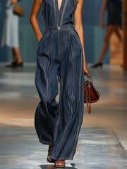 【24-hour shipping out】V-Neck Casual Retro Sleeveless Wide-Leg Denim Jumpsuit