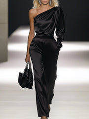 【24-hour shipping out】Elegant Off-the-shoulder Satin Long-sleeved Jumpsuit