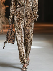 【24-hour shipping out】Casual Loose Vintage Velvet Leopard Print Zipper Hooded Jumpsuit