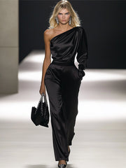 【24-hour shipping out】Elegant Off-the-shoulder Satin Long-sleeved Jumpsuit