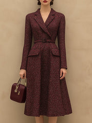 【24-hour shipping out】Vintage Elegant Ankola Red Tweed Lapel Dress