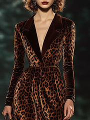 【24-hour shipping out】Lapel Fashion Party Leopard Print Velvet Long Sleeve Midi Dress