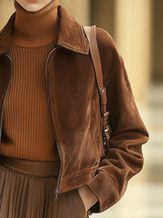 【24-hour shipping out】Casual Loose Solid Color Suede Zipper Pocket Short Jacket