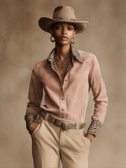 Western Retro Leopard Print Pink Faux Suede Long-Sleeve Shirt