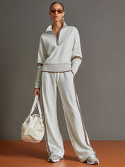 Retro Sporty Webbing Grey-white Half-zip Sweatshirt And Wide-leg Pants Set