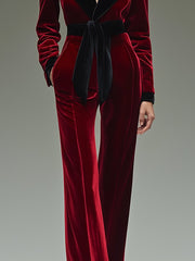 【24-hour shipping out】Retro Fashion Lapel Belt Different Color Velvet Stitching Jumpsuit
