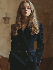【24-hour shipping out】Retro Fashion Navy Lapel Corduroy Double-breasted Blazer and Wide-leg Pants Two-piece Set