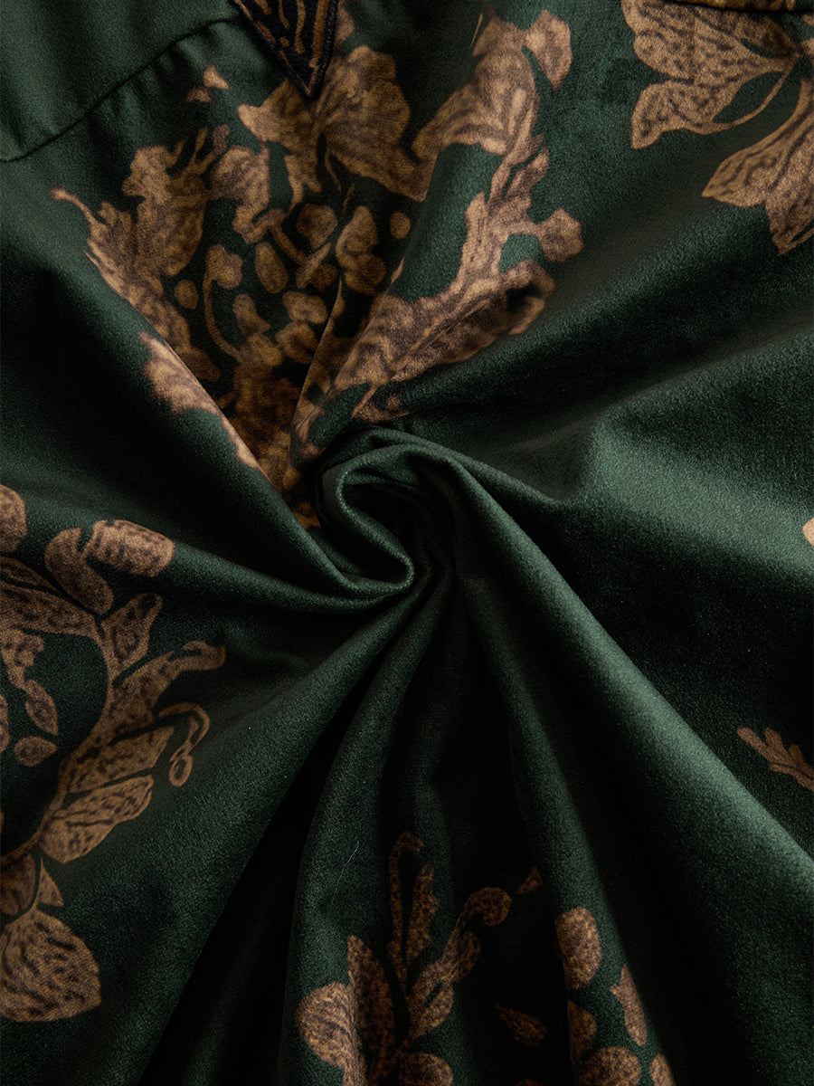 Retro Silhouette Printed Green Faux Suede Tassel Maxi Dress