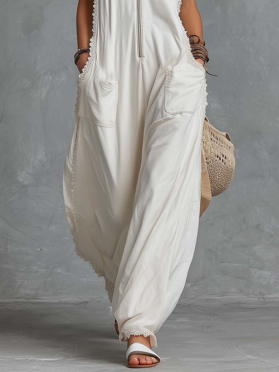 Vintage Casual Western Hooded V-neck Front Zip Lace Trim White Cotton Jumpsuit