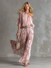 Retro Urban Style Pink Snake Print One-shoulder T-shirt And Wide-leg Pants Set