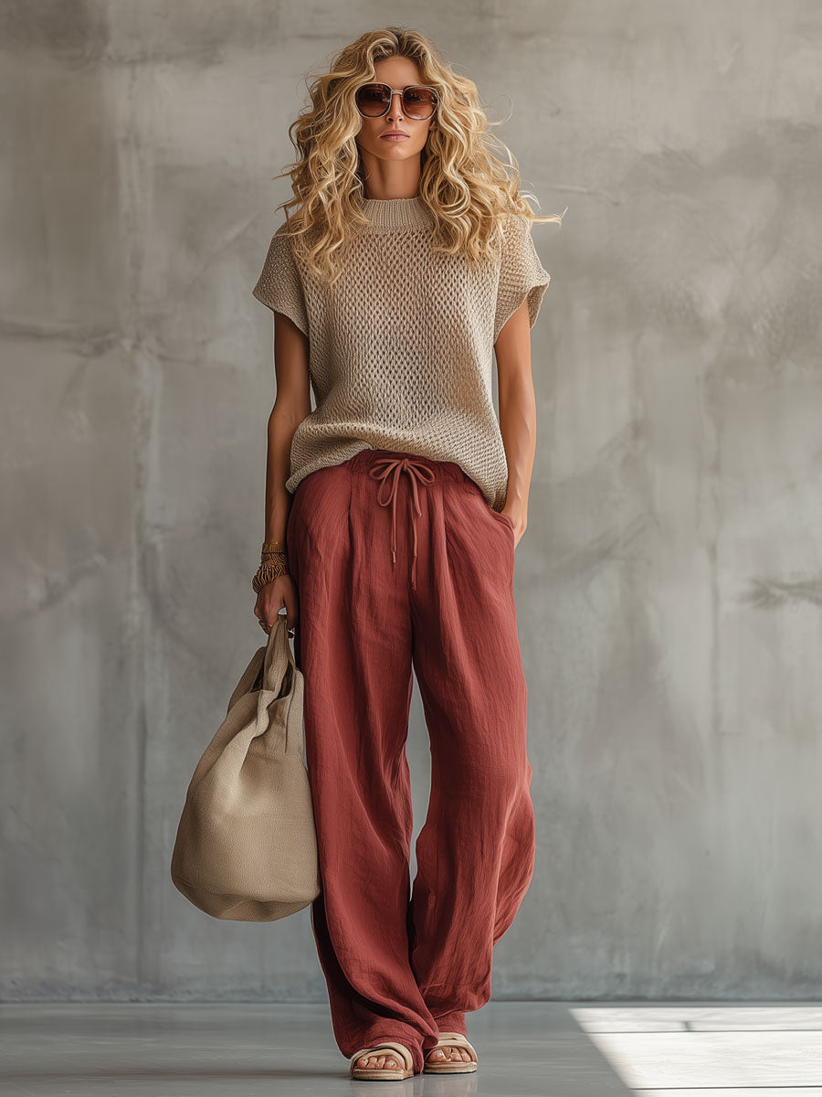 Retro Short-sleeved Knit Top And Brick Red Cotton Linen Wide-leg Pants Set