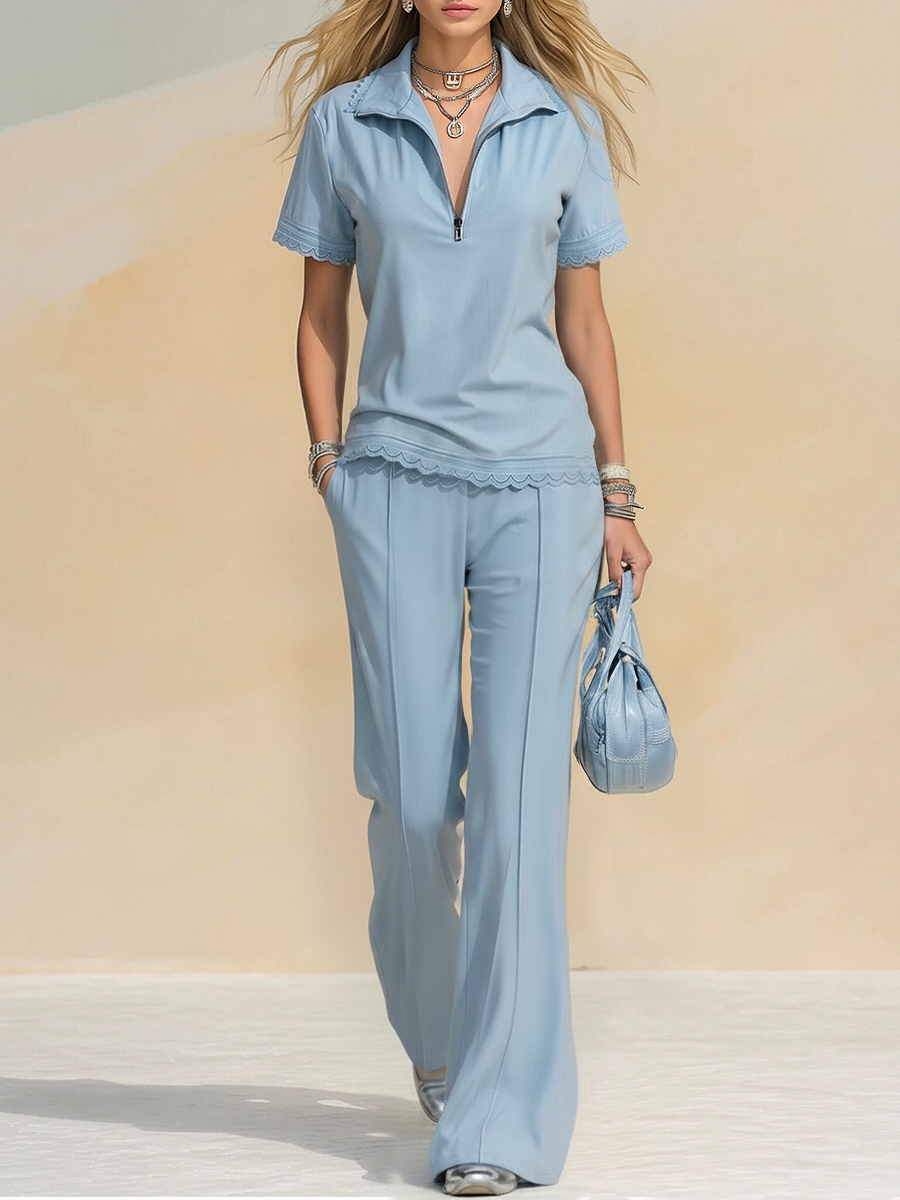 Retro-style Sporty  Lace Trim Short Sleeve T-shirt And Flared Pants Set