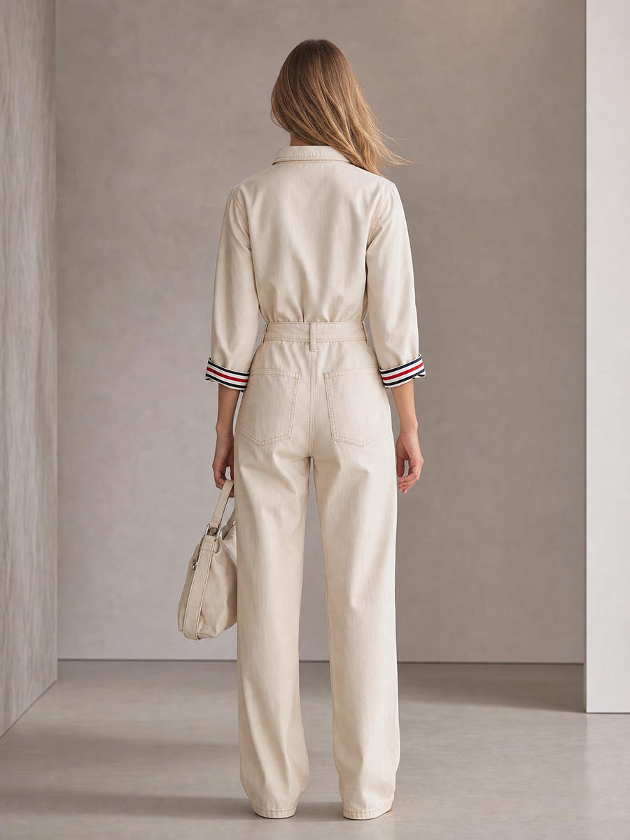 Women's Denim Utility Jumpsuit Long Sleeve Wide Leg Belted Button Front