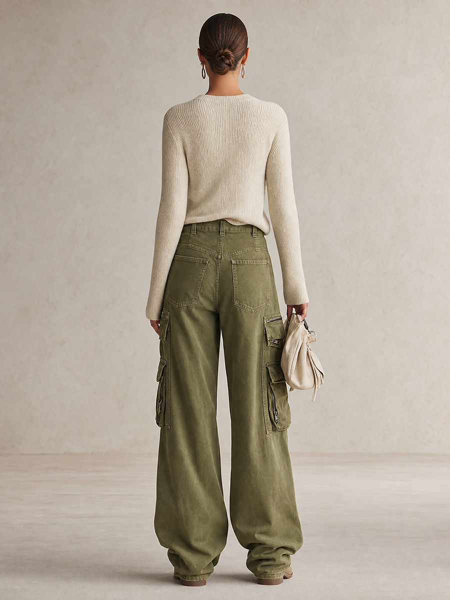 Women's Olive Green Wide Leg Cargo Pants High Waist Multi Pocket Baggy