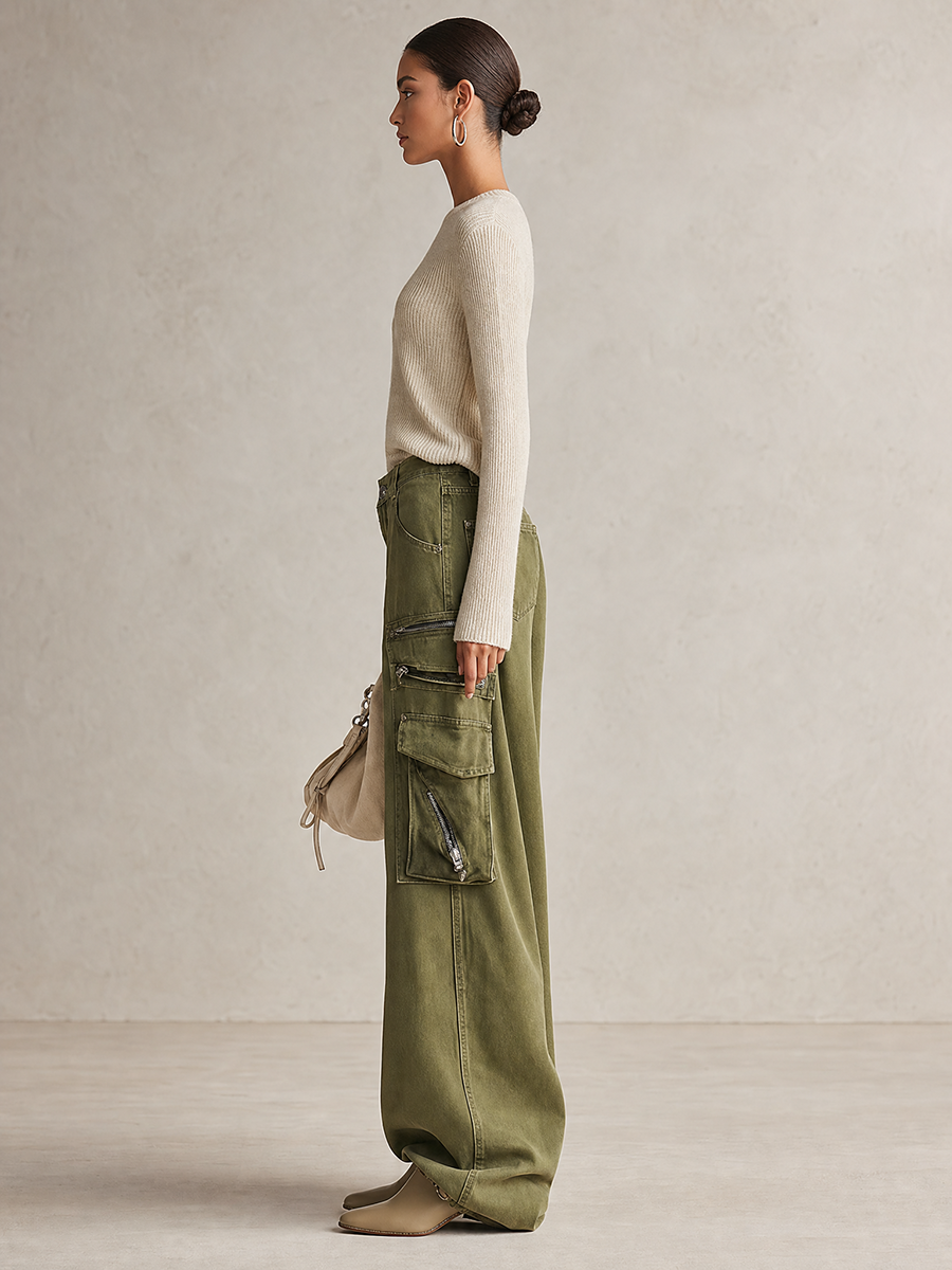Women's Olive Green Wide Leg Cargo Pants High Waist Multi Pocket Baggy