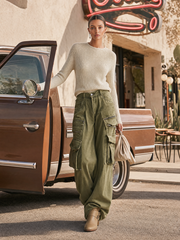Women's Olive Green Wide Leg Cargo Pants High Waist Multi Pocket Baggy