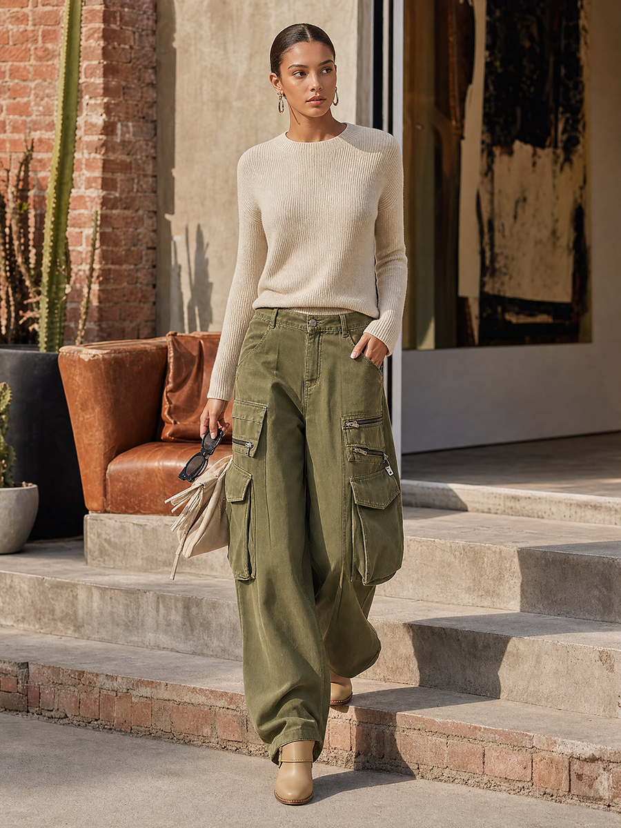 Women's Olive Green Wide Leg Cargo Pants High Waist Multi Pocket Baggy