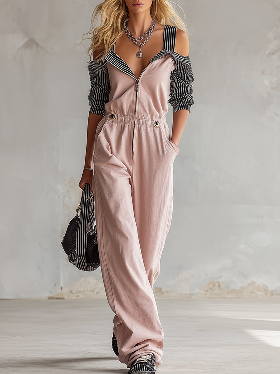 Stylish Color-blocked Striped Sleeve Pink Cotton Jumpsuit