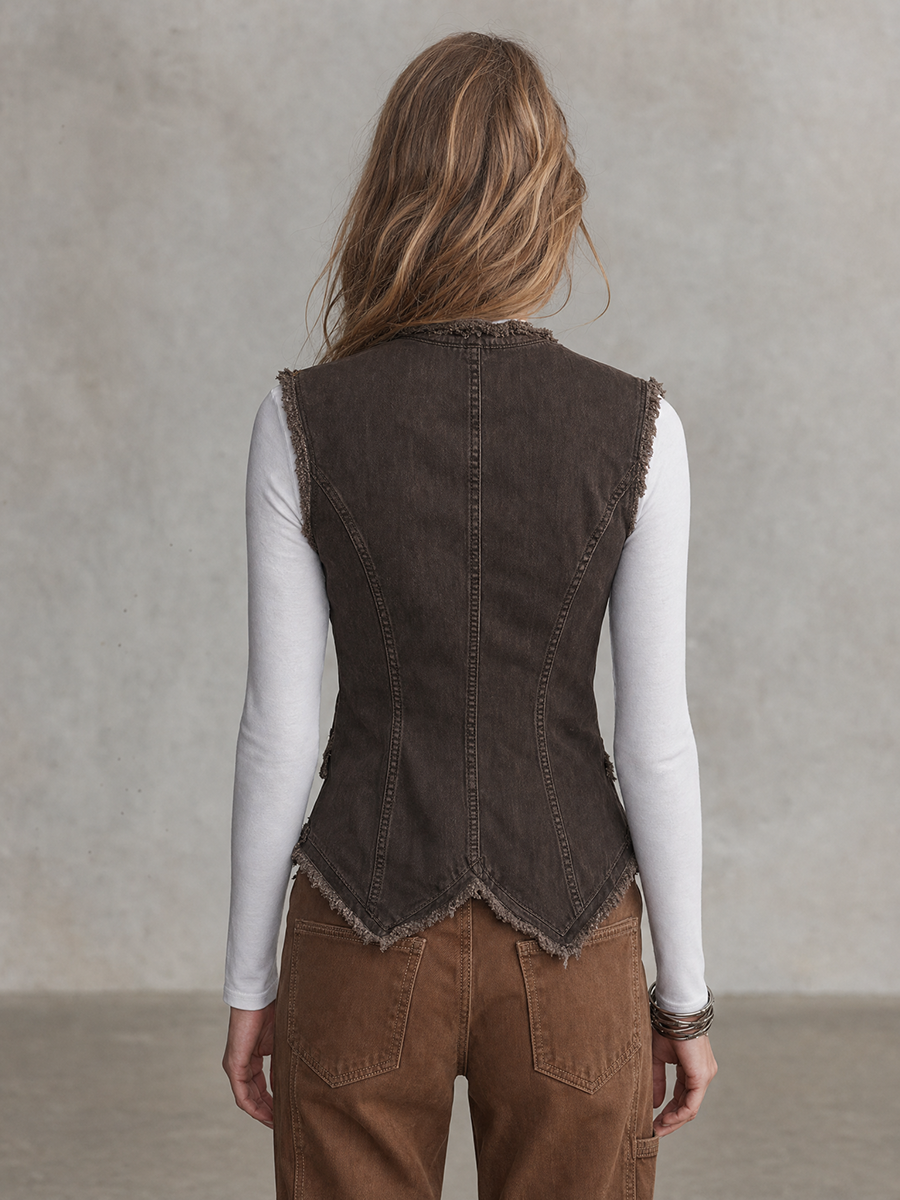 Women's Fitted Brown Denim Vest Western Frayed Raw Hem Button-Front Waistcoat