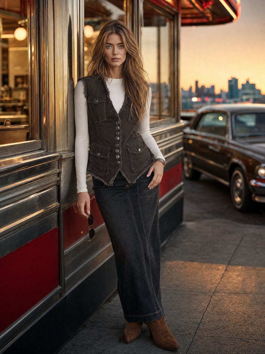 Women's Fitted Brown Denim Vest Western Frayed Raw Hem Button-Front Waistcoat