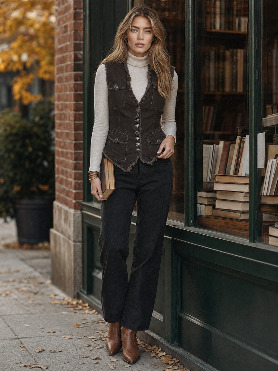 Women's Fitted Brown Denim Vest Western Frayed Raw Hem Button-Front Waistcoat