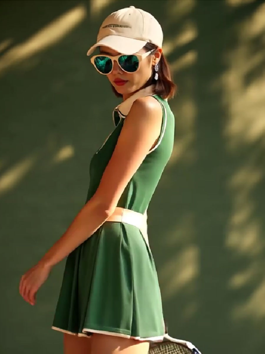 【24-hour shipping out】Casual Fashion Polo Neck White Trim Green Sleeveless Mini Dress