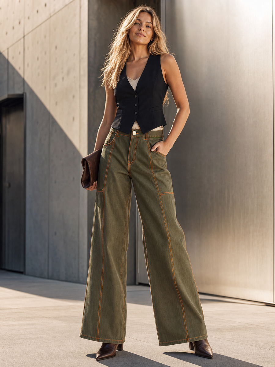 Women's Olive Green Wide Leg Baggy Jeans High Waisted Contrast Stitch Cargo