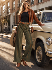 Women's Olive Green Wide Leg Baggy Jeans High Waisted Contrast Stitch Cargo