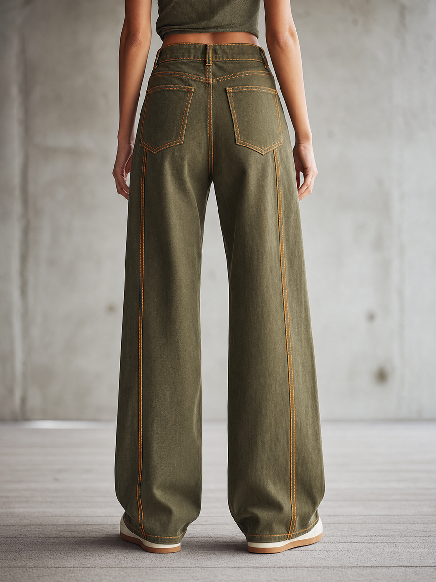 Women's Olive Green Wide Leg Baggy Jeans High Waisted Contrast Stitch Cargo