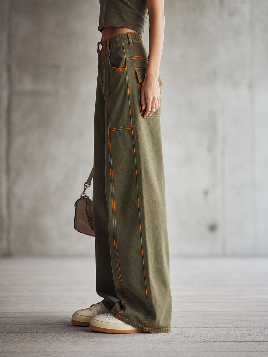 Women's Olive Green Wide Leg Baggy Jeans High Waisted Contrast Stitch Cargo