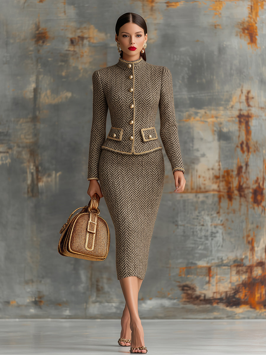 Vintage Herringbone Gold Trim Stand Collar Jacket And Skirt Set