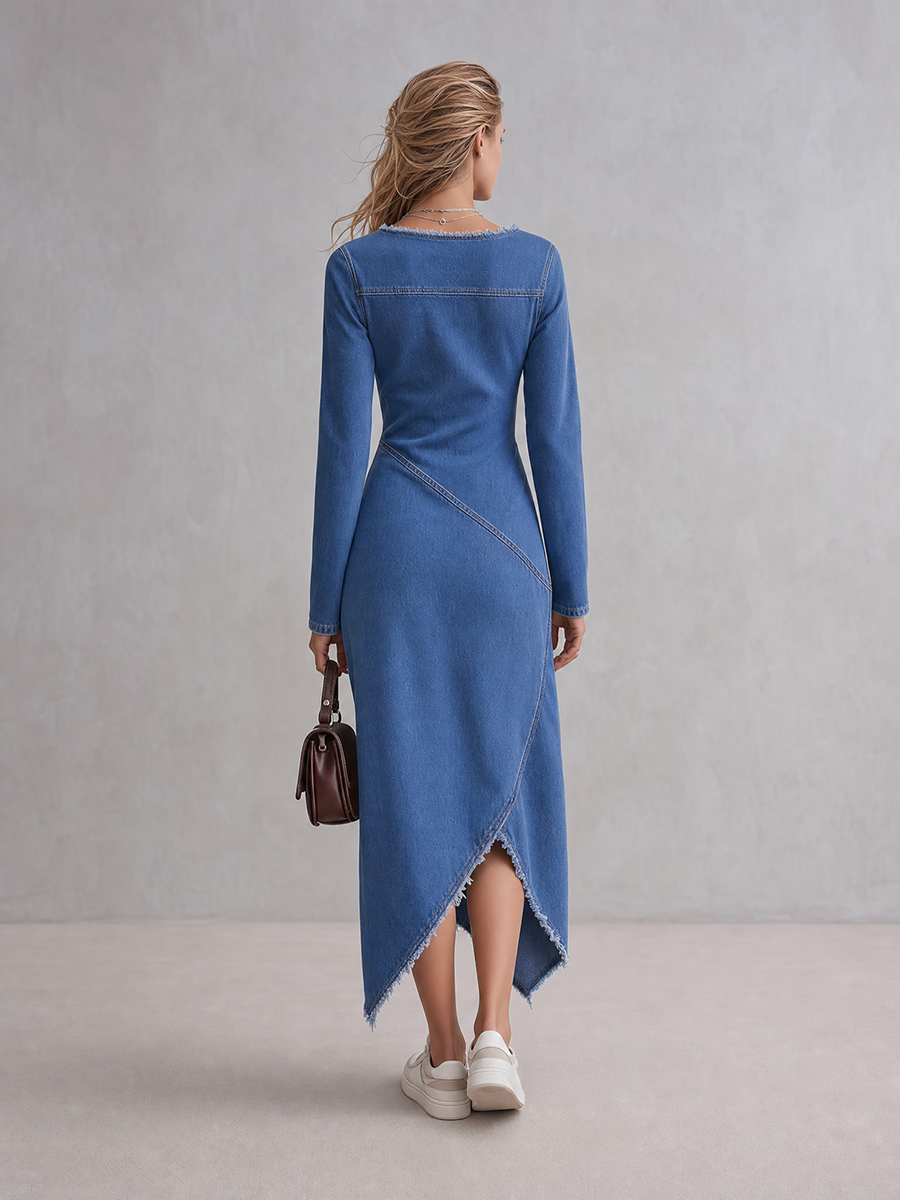 Women's Denim Midi Dress Square Neck Long Sleeve Fitted Frayed Slit
